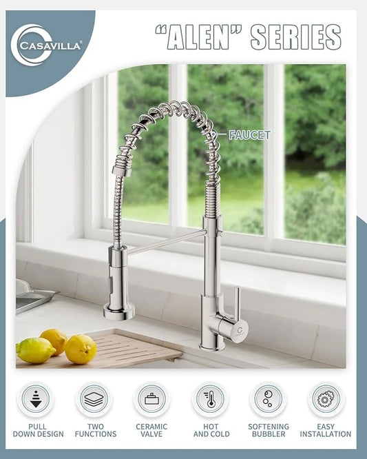 Kitchen Faucet, Commercial Kitchen Sink Faucets with Pull Down Sprayer, Stainless Steel Faucets for Kitchen Sinks, Dual Function Spray Head, Single Handle Spring Kitchen Faucets -Brushed Nickel