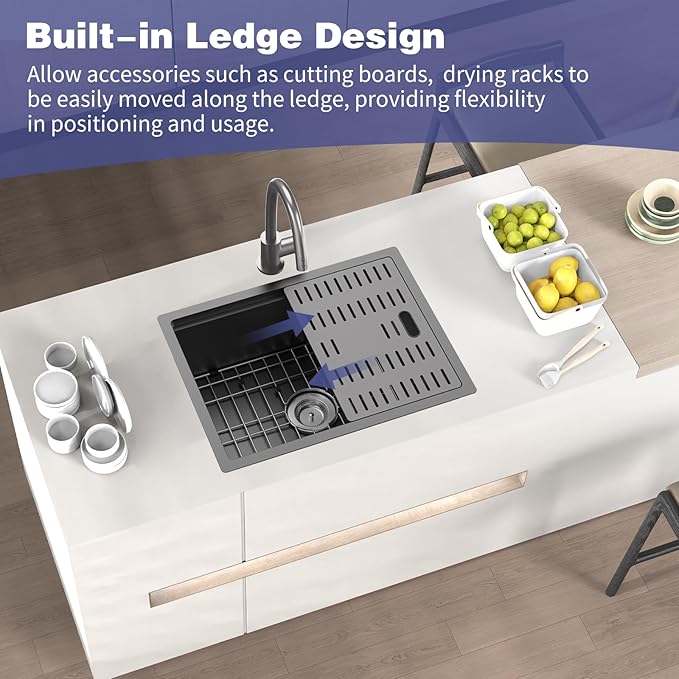 Black Kitchen Sink With Dual Cover,24"x18" Stainless Steel Undermount Single Bowl Kitchen Sink Built-in Ledge Drop In Workstation Sink Fully Covering Sink To Create Temporary Workspace/Drainage Area