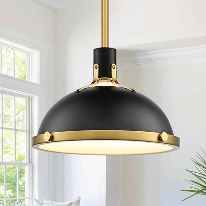 12.7 Inch Black and Gold Modern Pendant Lights, Industrial Dome Kitchen Island Pendant Lighting, 1-Light Small Ceiling Hanging Light Fixture with Opal Glass Diffuser, Over Sink Table Bar Hall