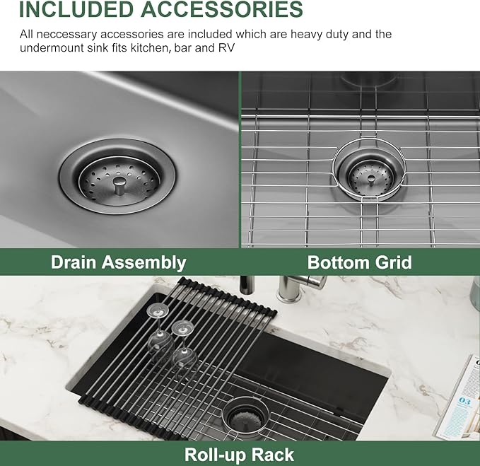 Black Undermount Kitchen Sink 28 Inch - Couoko Gunmetal Black Single Bowl Undermount Sinks 16 Gauge T304 Stainless Steel Large Deep NANO PVD Handmade Round Corner Kitchen Sinks 28"x18"x9"