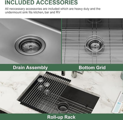 Black Undermount Kitchen Sink 28 Inch - Couoko Gunmetal Black Single Bowl Undermount Sinks 16 Gauge T304 Stainless Steel Large Deep NANO PVD Handmade Round Corner Kitchen Sinks 28"x18"x9"
