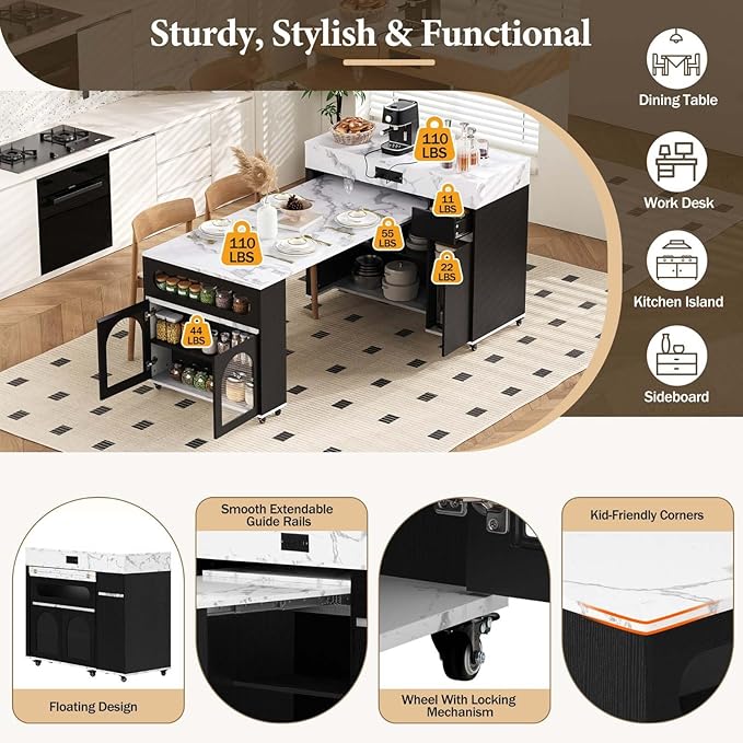 Extendable Dining Table with Rolling Kitchen Island, 54.1" Folding Top, Storage Cabinet, Drawers, Power Outlet, USB Ports, Brake Lock Wheels, 4-5 People, 110 LBS Capacity, Black