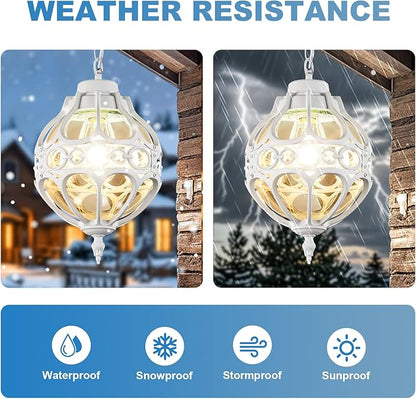 Retro Globe Outdoor Pendant Lights, White Aluminum Waterproof Hanging Light Fixture for Porch Entryway Hallway, Vintage Round Exterior Chandelier, Outside Pendant Lamp with Amber Glass