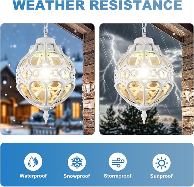 Globe Outdoor Pendant Lights, White Aluminum Waterproof Hanging Light Fixture for Porch Entryway Hallway, Vintage Round Exterior Chandelier, Outside Pendant Lamp with Amber Glass, 2 Pack