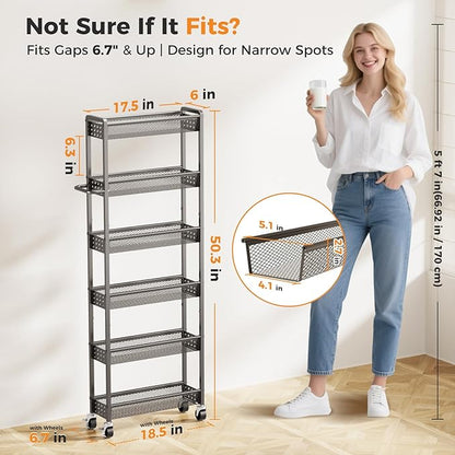 6 Tier Slim Storage Cart with Wheels, 6" D Rolling Storage Cart for Small Space, Metal Narrow Spice Cabinet Mobile Shelving Unit Organizer with Handle for Kitchen, Laundry - Black