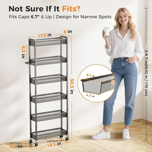 6 Tier Slim Storage Cart with Wheels, 6" D Rolling Storage Cart for Small Space, Metal Narrow Spice Cabinet Mobile Shelving Unit Organizer with Handle for Kitchen, Laundry - Black
