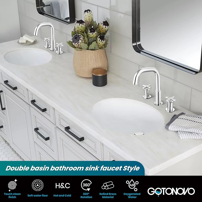 gotonovo 8 inch Widespread 3 Hole Bathroom Sink Faucet,2 Cross Handle Vanity Faucet Deck Mount Basin for Bathroom Sink 360° Swivel Spout with Pop Up Drain Polished Chrome