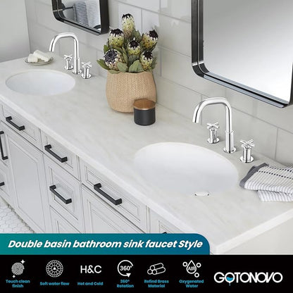 gotonovo 8 inch Widespread 3 Hole Bathroom Sink Faucet,2 Cross Handle Vanity Faucet Deck Mount Basin for Bathroom Sink 360° Swivel Spout with Pop Up Drain Polished Chrome