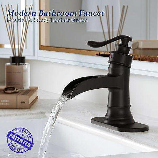 BWE Matte Black Waterfall Bathroom Sink Faucet 1 Hole or 3 Hole, Single Handle Bathroom Vanity Faucet with Pop-Up Drain and Water Supply Lines
