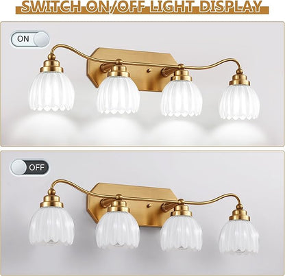 Vintage Bathroom Light Fixtures, Gold Bathroom Vanity Light, Matte Antique Brass Finish with Crystal Glass Shade, Wall Sconces Lighting for Bedroom, Living Room, Hallway (Milk White, 4-Light)