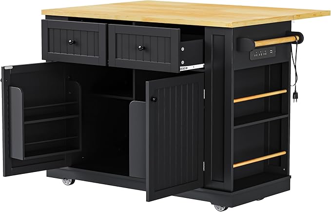 Ball & Cast Kitchen Island with 2 Bar Stools and Power Outlet,Rolling Kitchen Cart on 5 Wheels W/Drop Leaf&5 Open Side Racks,Kitchen Storage Cart W/Adjustable Shelf,for Kitchen,Dining Room,Black,48"