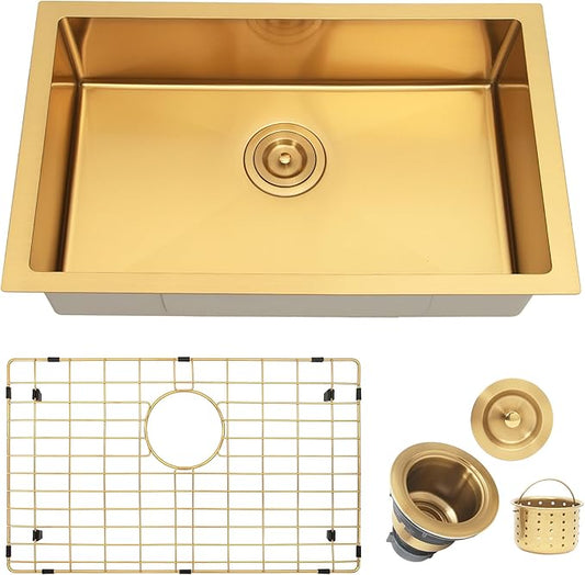 Kitsitchen Gold RV Kitchen Sink 25 Inch,18 Gauge Stainless Steel Single Bowl Gold Undermount Kitchen Sink, 7 Inch Depth RV Sinks with Strainer & Bottom Gird, Outdoor Camper Prep Sinks(25" x 16" x 7")
