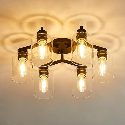 YYT 6-Light Semi Flush Mount Ceiling Light Fixture, Black Light Fixtures for Dining Room Ceiling, Large Kitchen Lighting Fixtures Ceiling for Living Room with Clear Glass Shade