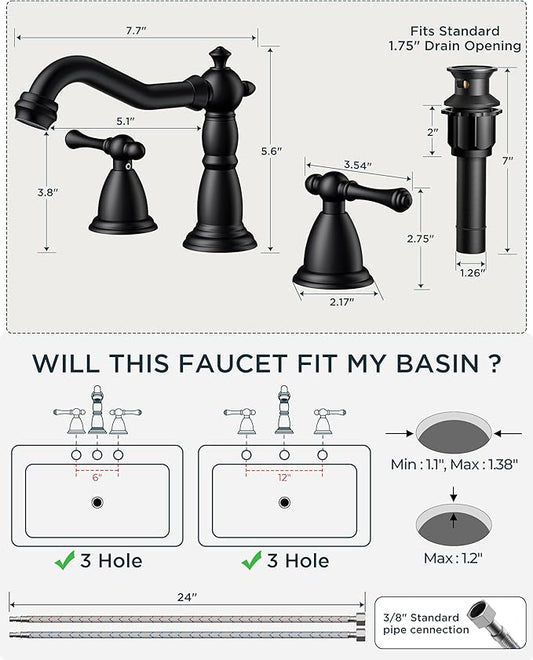 FORIOUS Matte Black Bathroom Faucets 3 Hole, Widespread Bathoom Sink Faucet Dual Handle with Pop-Up Drain and Water Supplies for Commercial Vanity Lavatory Restroom Farmhouse