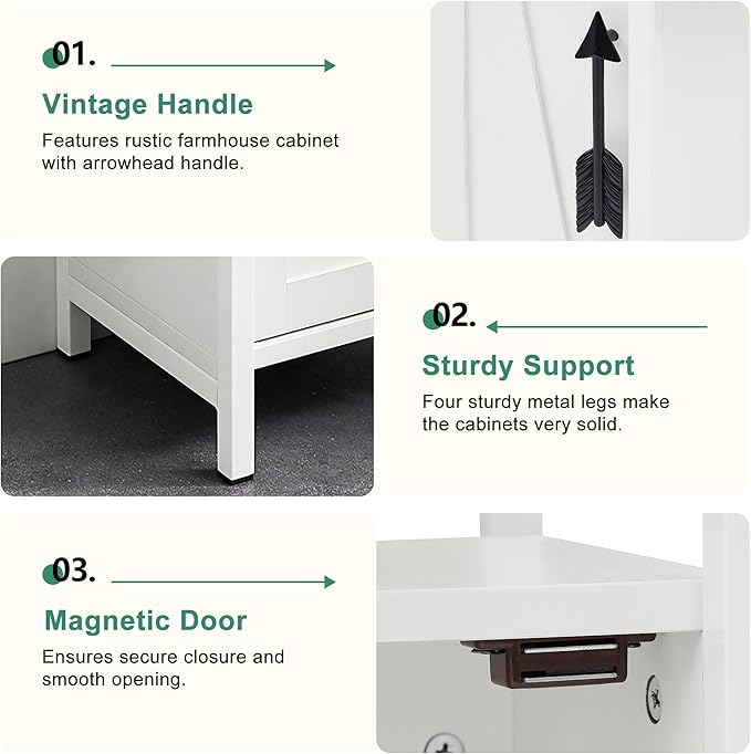 VECELO Small Bathroom Storage Cabinet with Shelves & Metal Racks, Slim Toilet Paper Holder, Bathroom Organizer Cabinet for Narrow Spaces, White, Farmhouse Style