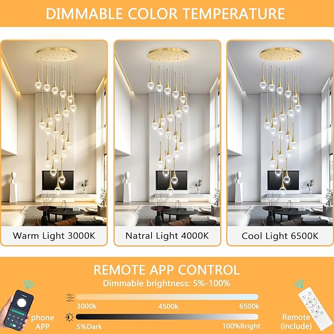 20 Light Crystal Chandelier for High Ceiling Dimmable LED Pendant Lights with Remote Adjustable Chandeliers for Staircase Foyer Living Room Gold