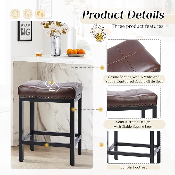 Sweetcrispy Bar Stools Set of 4, 24 Inch Counter Height Stools, PU Leather Upholstered Bar Chairs with Footrest, Modern Bar Stools for Kitchen Island, Dining, Living Room, Brown