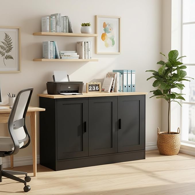 Anystyle 43" Black Buffet Cabinet with Black Handles, Small Kitchen Sideboard with 3 Doors & Adjustable Shelves, Modern Entryway Credenza & TV Console Table for Living Room, Dining Room