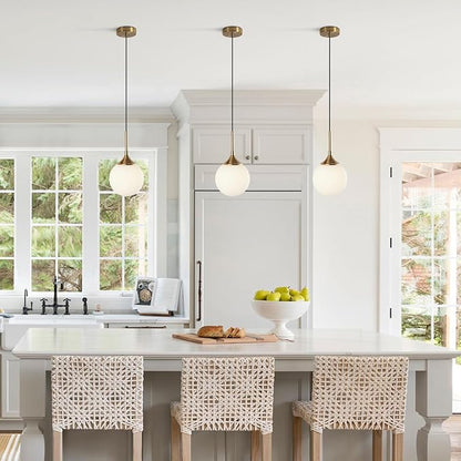 KCO Lighting Mid Century Modern Milk Glass Pendant Light Large White Globe Hanging Light Gold Ceiling Light Fixture 1 Light Pendant Lighting Brushed Brass Hanging Light Fixture