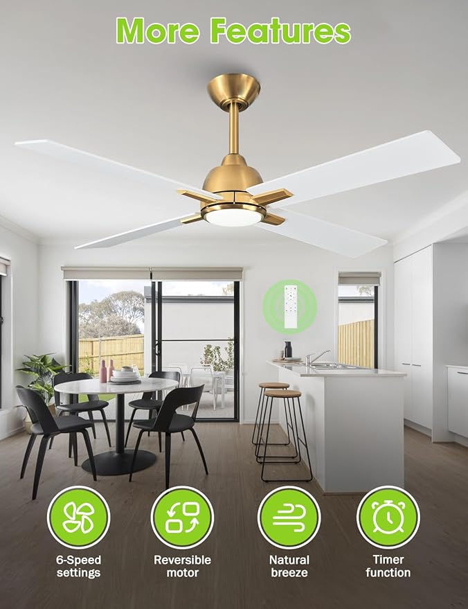 48 Inch White Gold Ceiling Fan with Light and Remote, Quiet Reversible DC Motor, 6-Speed Modern Ceiling Fan for Bedroom, Living Room, Dining Room, Small Spaces, LED Dual Color Lighting, ETL Certified