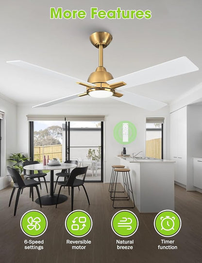 48 Inch White Gold Ceiling Fan with Light and Remote, Quiet Reversible DC Motor, 6-Speed Modern Ceiling Fan for Bedroom, Living Room, Dining Room, Small Spaces, LED Dual Color Lighting, ETL Certified