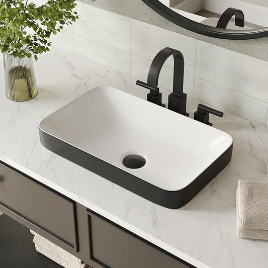 DeerValley Black and White Contrast Rectangle Vessel Sink 18.9x11.61 Inch, Semi-Recessed Ceramic Bathroom Basin with Modern Two-Tone Design