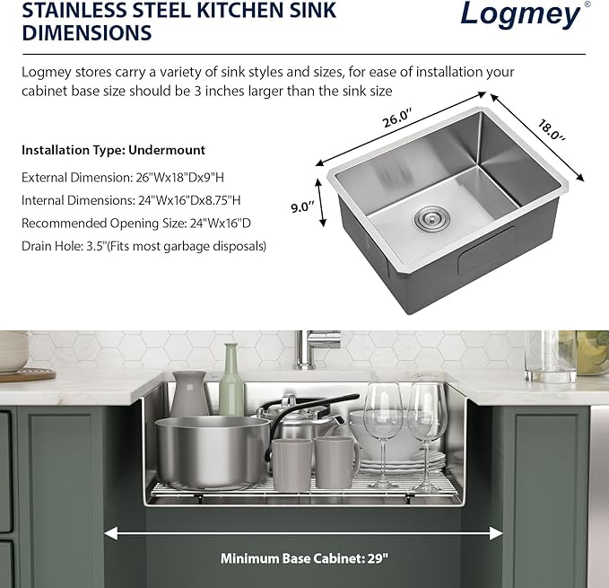 Logmey 26 Inch Undermount Kitchen Sink 26x18 Stainless Steel Undermount Sinks 16 Guage Single Bowl Handmade Sinks 26x18x9