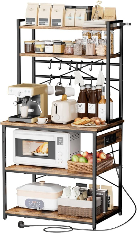 VEVOR Kitchen Bakers Rack with Power Outlets, 31.5 x 15.7 x 63.7Inch Microwave Stand with Built-in Power Strip & 5 Ft Cord, 12 S-Shaped Hooks, for Dish Storage, Spice Jars, Coffee Bar Organization