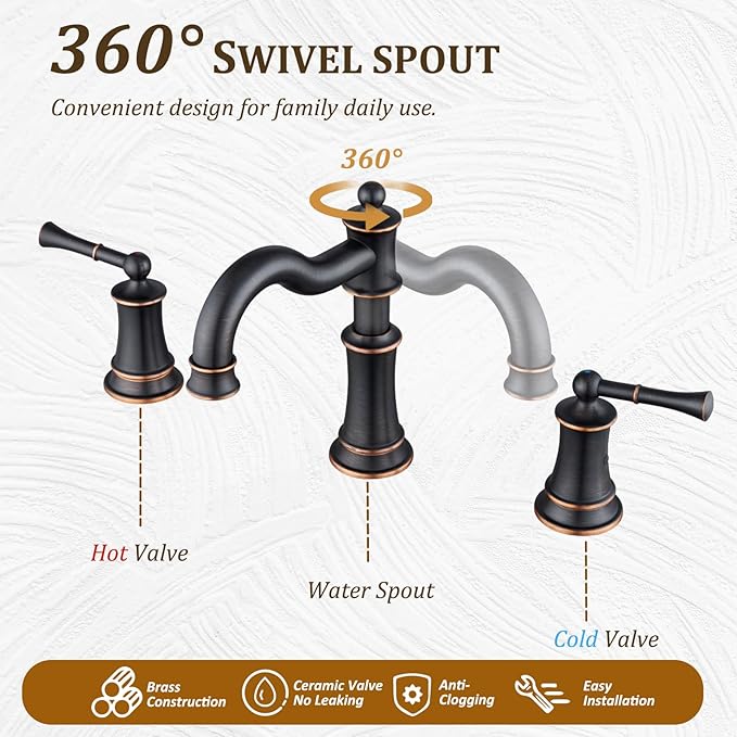 Bathroom Sink Faucet, Roman Stlye Rotated Spout Vanity Basin Faucets 3 Hole 2 Handle 8 inch Widespread Deck Mount Brass Faucet for Sink with Overflow Pop Up Drain Oil Rubbed Bronze NL2204-ORB