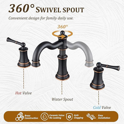 Bathroom Sink Faucet, Roman Stlye Rotated Spout Vanity Basin Faucets 3 Hole 2 Handle 8 inch Widespread Deck Mount Brass Faucet for Sink with Overflow Pop Up Drain Oil Rubbed Bronze NL2204-ORB