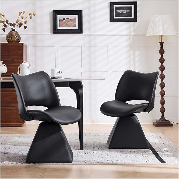 360° Swivel Dining Chair with Curved High Backrest, Comfy Faux Leather Kitchen Chair with Solid Wood Frame, Upholstered Seat for Kitchen Island Desk Living Room(Black)