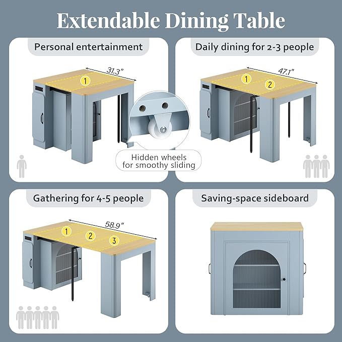 SOFTSEA Extendable Dining Table with 3 Removable Leaves, Mobile Rolling Island Table with USB Ports & Power Outlet, Foldable Kitchen Cabinet for Dining Room Living Room, Blue Grey