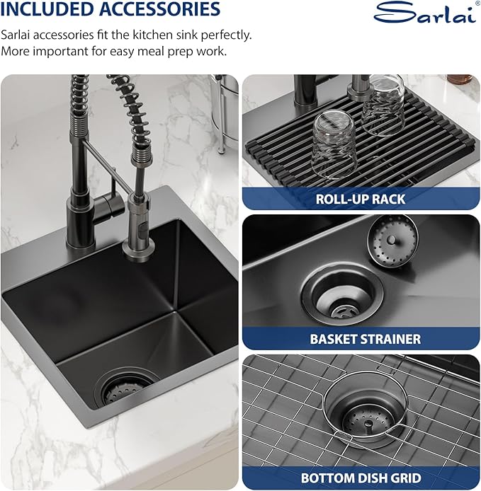 Sarlai 15 Black Drop Bar Sink - 15 x 15 Inch Bar Sink Drop In Topmount Square Gunmetal Black Stainless Steel 16 Gauge Single Bowl Drop Bar Prep RV Kitchen Sink
