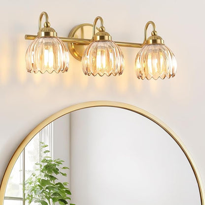 Vintage Bathroom Light Fixtures, Brass Vanity Lights with Amber Tulip Glass Shade, Vanity Sconces for Bathroom Bedroom Living Room Hallway, 3-Light