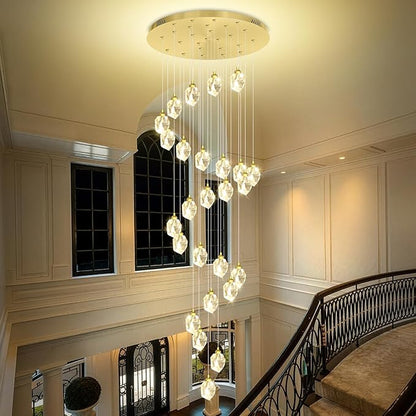 26 Light Gold Large Crystal Chandeliers for High Ceiling 135 inches Long Spiral Staircase Chandelier High Foyer Ceiling Chandelier LED Dimmable 2700-6000K