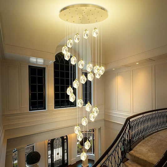 26 Light Gold Large Crystal Chandeliers for High Ceiling 135 inches Long Spiral Staircase Chandelier High Foyer Ceiling Chandelier LED Dimmable 2700-6000K