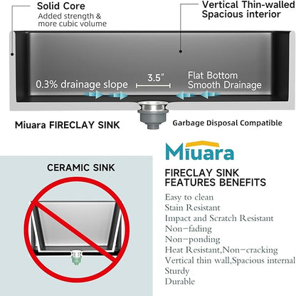 Miuara Black Farmhouse Sink 33 Inch - Large Apron Front Kitchen Sink Single Bowl 33"x18"x10", Undermount Installation, Farm House Style, Heavy Duty Solid Fireclay, Matte Black, for Kitchen