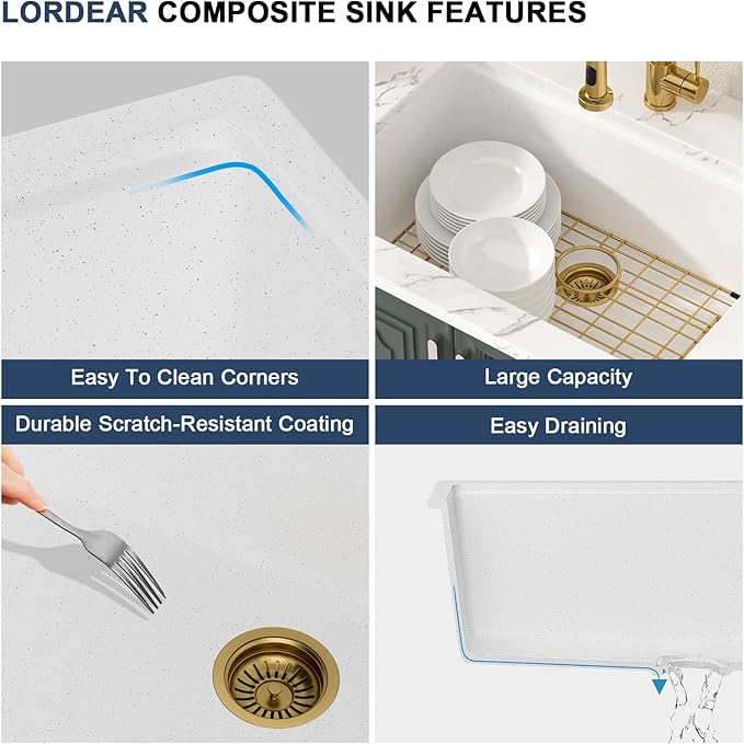 Lordear 28 Inch White Granite Composite Kitchen Sink Workstation 28x19 White Undermount Quartz Sinks Under Counter Single Bowl Sink with Classic Gold Accessories