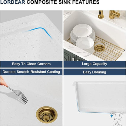 Lordear 28 Inch White Granite Composite Kitchen Sink Workstation 28x19 White Undermount Quartz Sinks Under Counter Single Bowl Sink with Classic Gold Accessories