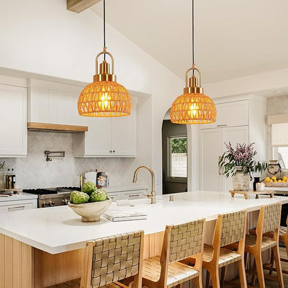 9.45" Boho Gold Rattan Pendant Light Modern Vintage Dome Farmhouse Pendant Light Fixtures Hand Woven Golden Bamboo Wicker Pendant Lights for Kitchen Island, Dining Room, Bedroom, Hallway