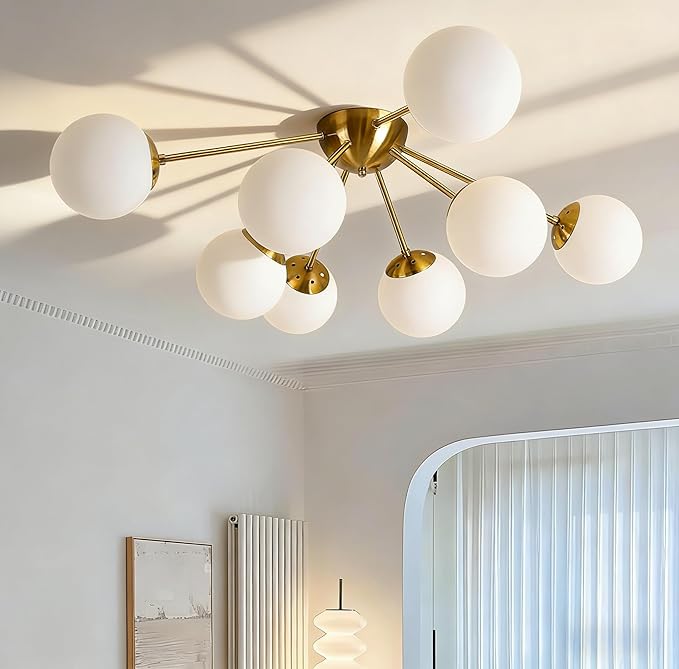 Bagood 8 Light Mid Century Modern Ceiling Light Semi Flush Mount Ceiling Light Fixture Globe Lights Sputnik Chandelier with Milk Glass Shade Brushed Brass Finish for Bedroom Hallway Living Room