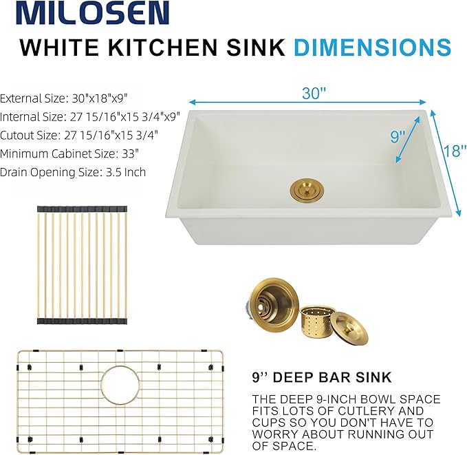 MILOSEN White Undermount Kitchen Sink, 30"x18" Granite Composite Single Bowl Kitchen Sinks, 9" Deep Large Undermount/Drop In Sink with Gold Accessories, White Quartz Kitchen Sinks for Modern Kitchen