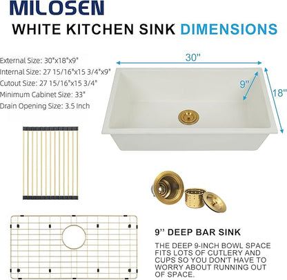 MILOSEN White Undermount Kitchen Sink, 30"x18" Granite Composite Single Bowl Kitchen Sinks, 9" Deep Large Undermount/Drop In Sink with Gold Accessories, White Quartz Kitchen Sinks for Modern Kitchen