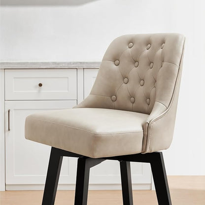 KISLOT Swivel Counter Height Bar Stools Set of 2, 26" Upholstered Faux Leather Barstools with Back,Thick Seat and Square Solid Wood Legs for Kitchen Island Home Bar, Beige