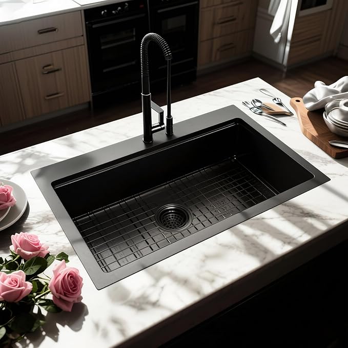 Kitsitchen Black Drop In Kitchen Sink 33x22, 16 Gauge T-304S Stainless Steel Top-Mount Workstaion Sink, 33" x 22" x " Large and Deep Single Bowl Kitchen Sinks with Practical Accessories