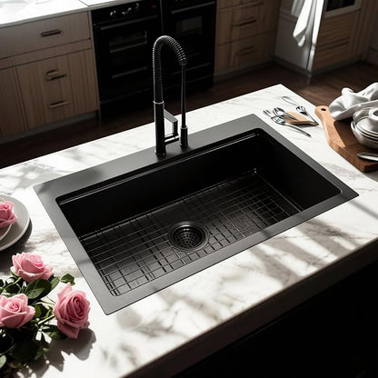 Kitsitchen Black Drop In Kitchen Sink 33x22, 16 Gauge T-304S Stainless Steel Top-Mount Workstaion Sink, 33" x 22" x " Large and Deep Single Bowl Kitchen Sinks with Practical Accessories