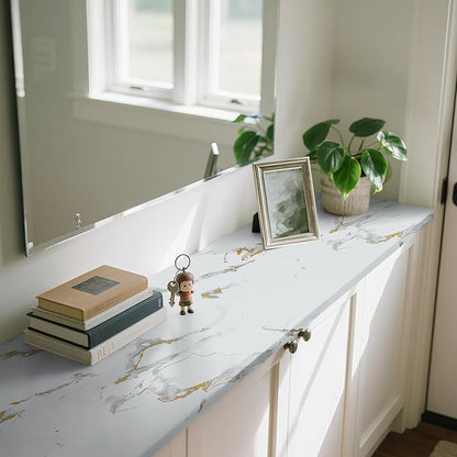 practicalWs Glossy Marble Wallpaper Peel and Stick White/Gold Granite Contact Paper Removable Wall Paper for Kitchen Countertop Cabinet Furniture 11.8" x 78.7"