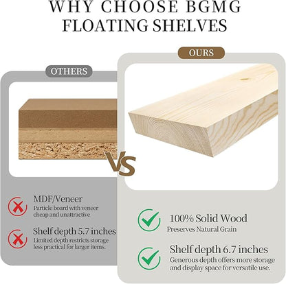 BGMG Wood Floating Shelves 12 inch,Black Floating Shelves,Solid Wood Wall Shelves for Bathroom Living Room Bedroom Kitchen Farmhouse Set of 2-12x 6.7 x1.25 inch