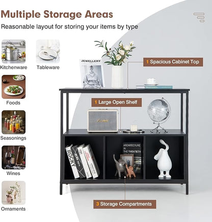 Giantex Buffet Sideboard, Wooden Cupboard, Kitchen Pantry w/Spacious Countertop, Large Open Shelf, 3 Cube Storage Cabinet, Sturdy Rustproof Steel Frame, Modern Stationary Island, Black