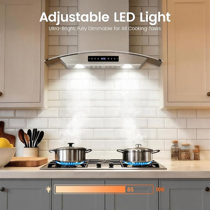 36 inch Wall Mount Range Hood, 1200 CFM Stainless Steel & Tempered Glass Vent Hood with 8-Speed Gesture Sensing and Touch Control, Dishwasher-Safe Baffle Filters, Delay Shutoff Timer
